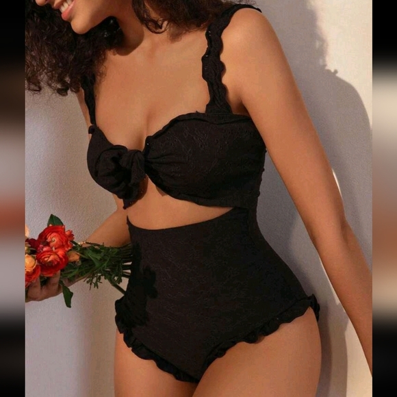 Summer Beach Cut-Out Frill Trim Knot Front One Piece Swimsuit - Picture 4 of 4